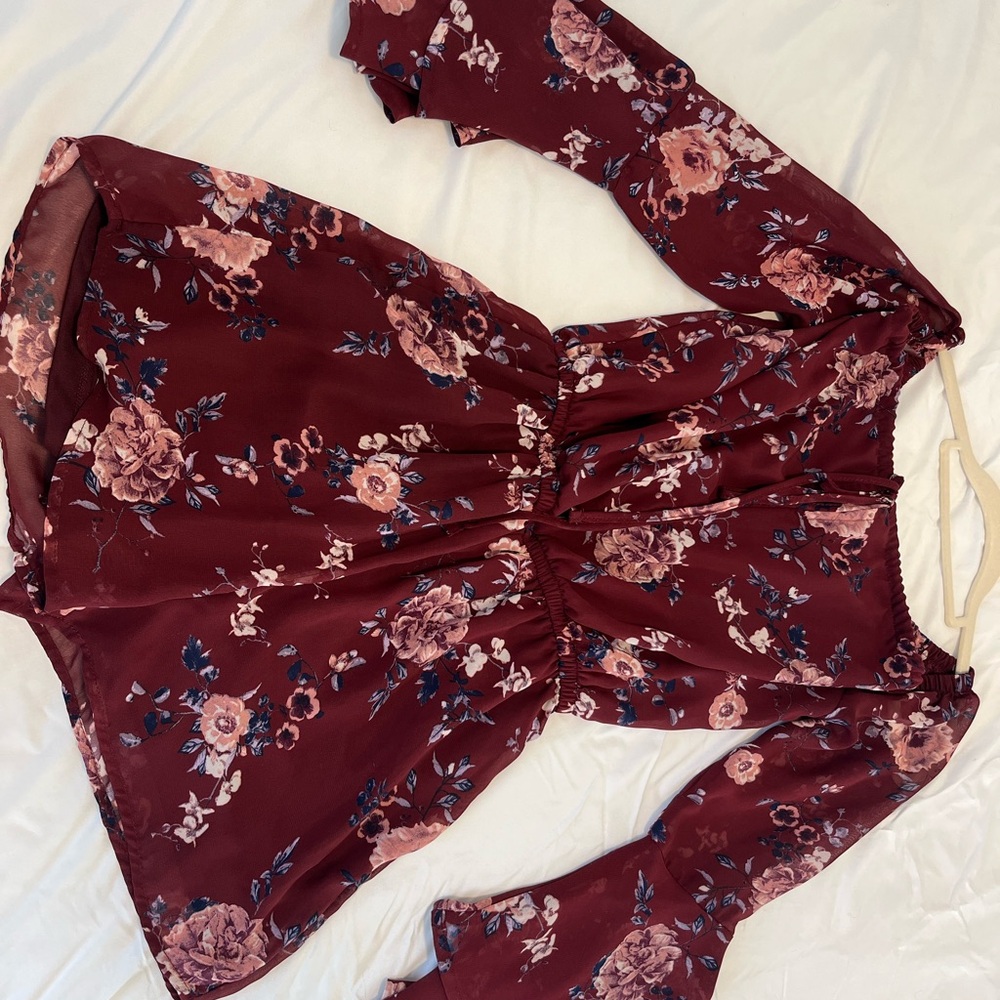 Floral Burgundy Dress with Long Sleeves